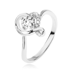 Zásnubní prsten ze stříbra 925, kulatý čirý zirkon v obrysu zvlněného srdce - Velikost: 60