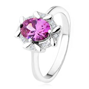 Zásnubní prsten ze stříbra 925, oválný fialový kamínek, zirkonový lem - Velikost: 58