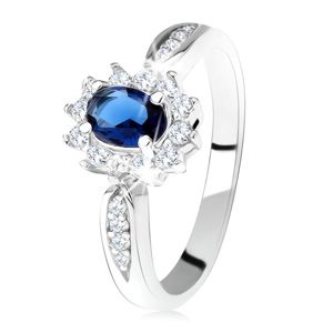 Zásnubní prsten ze stříbra 925, tmavě modrý oválný zirkon, čirý lem - Velikost: 51