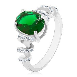 Zásnubní rhodiovaný prsten, stříbro 925, oválný zelený zirkon, blýskavé spirály - Velikost: 61