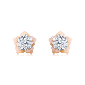 Zlaté 14K náušnice - květ s krystaly Swarovski, růžové perleťové okvětní lístky, puzetky