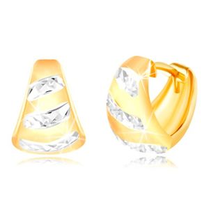 Zlaté 14K náušnice - matný rozšířený oblouk, blýskavé pásy z bílého zlata