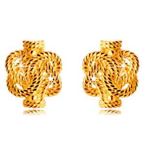 Zlaté 14K náušnice - navzájem propletené pruhy se vzorem lana, puzetky