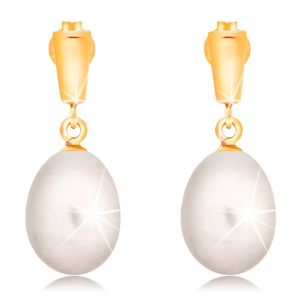 Zlaté 14K náušnice - visící oválná perla bílé barvy, lesklý proužek