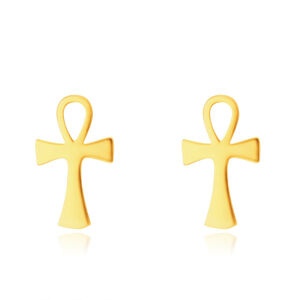 Zlaté 9K náušnice - Anch, vzor nilského kříže, puzetové zapínání