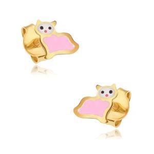 Zlaté puzetové náušnice 375 - plochá růžovo-bílá kočička, lesklý email
