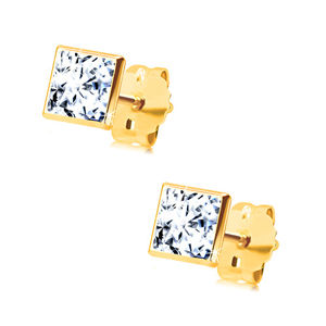 Zlaté puzetové náušnice 585 - čtvercový čirý zirkon v objímce, 4 mm