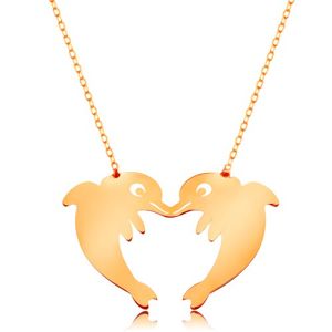 Zlatý 14K náhrdelník - jemný řetízek, dva delfíni tvořící obrys srdce