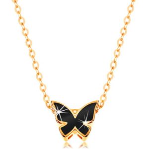Zlatý 14K náhrdelník - lesklý řetízek, motýl zdobený glazurou černé barvy