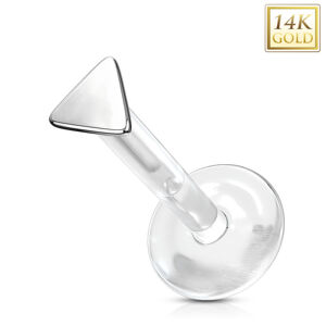 Zlatý 14K piercing do nosu, ucha, rtu - malý rovnoramenný trojúhelník, průsvitný Bioflex