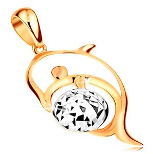 Zlatý 14K přívěsek - kontura delfína, míč z bílého zlata zdobený zářezy