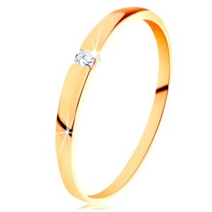 Zlatý 14K prsten - blýskavý zirkon čiré barvy, hladká vypouklá ramena - Velikost: 55