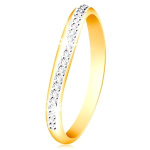 Zlatý 14K prsten - blýskavý zvlněný pás z čirých zirkonů a bílého zlata - Velikost: 54