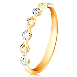 Zlatý 14K prsten - dvoubarevná zrnka se vsazenými zirkony, vysoký lesk - Velikost: 62