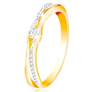 Zlatý 14K prsten, rozdělená ramena ze žlutého a bílého zlata, čiré zirkony - Velikost: 60