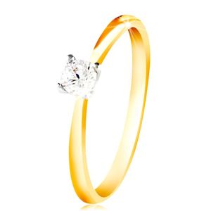 Zlatý 14K prsten - tenká ramena, čirý zirkon v kotlíku z bílého zlata - Velikost: 60