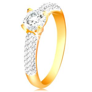 Zlatý 14K prsten - třpytivá ramena, vyvýšený kulatý zirkon čiré barvy - Velikost: 54