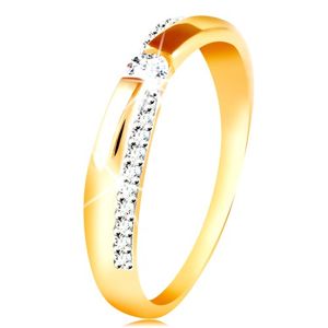 Zlatý 14K prsten - třpytivý a hladký pás, kulatý zirkon čiré barvy - Velikost: 54