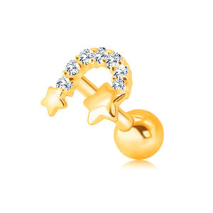 Zlatý 375 piercing do brady a rtu - dvě hvězdičky spojené zirkonovým obloukem