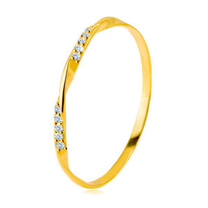 Zlatý 585 prsten - hladká zvlněná linie zdobená blýskavými zirkony v čirém odstínu - Velikost: 49