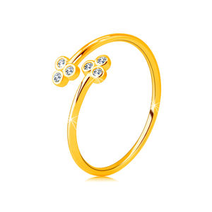 Zlatý 585 prsten s úzkými rameny - dva trojlístky s čirými kulatými zirkony - Velikost: 56