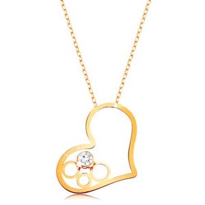Zlatý 9K náhrdelník - tenký řetízek, kontura srdce s kruhy a čirým zirkonem