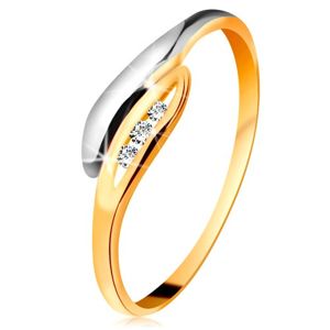 Zlatý diamantový prsten 585 - dvoubarevné zahnuté lístečky, tři čiré brilianty - Velikost: 60