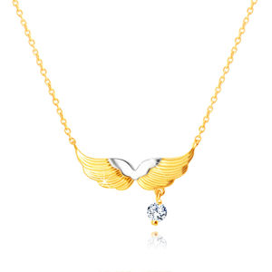 Zlatý kombinovaný náhrdelník 585 - andělská křídla, kulatý zirkon čiré barvy