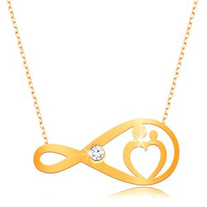 Zlatý náhrdelník 375 - jemný řetízek, symbol nekonečna s čirým zirkonem a srdcem