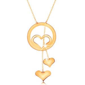 Zlatý náhrdelník 585 - kontura srdce v kroužku a dvě visící srdíčka na řetízcích