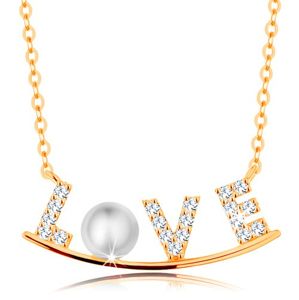 Zlatý náhrdelník 585 - zirkonový nápis LOVE na lesklém oblouku, bílá perla