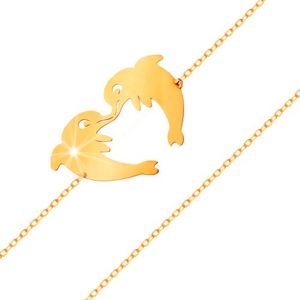Zlatý náramek 585 - dva delfíni tvořící konturu srdíčka, jemný řetízek