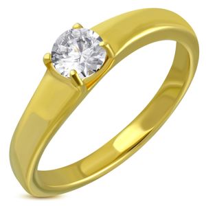 Zlatý ocelový prsten, vyčnívající kulatý čirý zirkon - Velikost: 51
