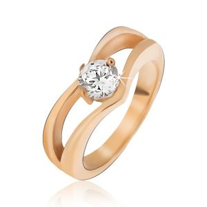 Zlatý ocelový prsten, zdvojená špička, kulatý čirý kamínek - Velikost: 58