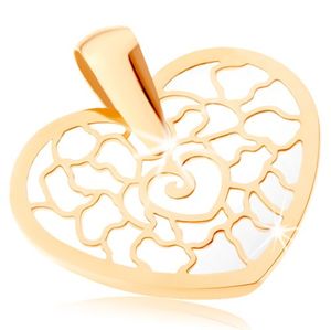 Zlatý přívěsek 375 - obrys srdce s ornamenty, podklad z perleti