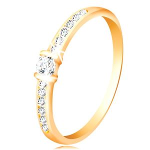 Zlatý prsten 14K - čirá třpytivá ramena, vyvýšený kulatý zirkon čiré barvy - Velikost: 55