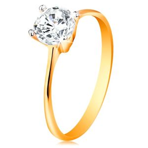 Zlatý prsten 14K - zúžená ramena, zářivý čirý zirkon v lesklém kotlíku - Velikost: 56