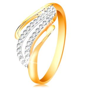 Zlatý prsten 14K - zvlněné linie ramen, blýskavé čiré zirkony - Velikost: 54