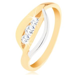 Zlatý prsten 375 - dvoubarevné zvlněné linie, tři kulaté zirkony čiré barvy - Velikost: 56