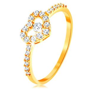 Zlatý prsten 375 - zirkonová ramena, blýskavý čirý obrys srdce se zirkonem - Velikost: 58