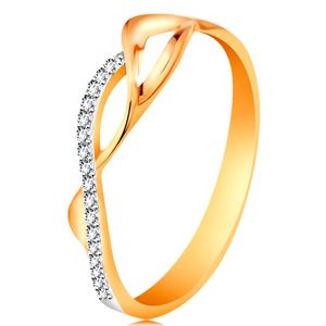 Zlatý prsten 585 - asymetricky propletené vlnky - dvě hladké a jedna zirkonová - Velikost: 56