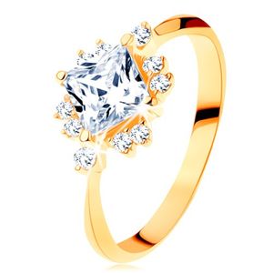 Zlatý prsten 585 - blýskavý broušený čtverec, drobné zirkonky čiré barvy - Velikost: 51