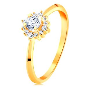 Zlatý prsten 585 - blýskavý kvítek z čirých zirkonů, tenká lesklá ramena - Velikost: 49