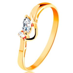 Zlatý prsten 585 - čiré broušené zrnko a kulatý zirkonek, lesklý oblouk - Velikost: 54