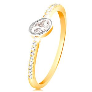 Zlatý prsten 585 - čirý oválný zirkon v objímce z bílého zlata, zirkonové linie - Velikost: 60