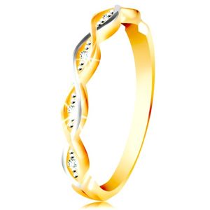 Zlatý prsten 585 - dvě tenké propletené vlnky z bílého a žlutého zlata, zirkony - Velikost: 56