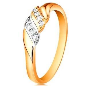 Zlatý prsten 585 - dvě vlnky z bílého a žlutého zlata, třpytivé čiré zirkony - Velikost: 51