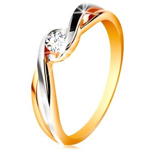 Zlatý prsten 585 - dvoubarevná, rozdělená a zvlněná ramena, čirý zirkon - Velikost: 64