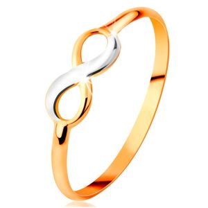 Zlatý prsten 585 - dvoubarevný lesklý symbol nekonečna, úzká hladká ramena - Velikost: 59