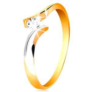 Zlatý prsten 585 - kulatý čirý zirkon, dvoubarevná a zvlněná ramena - Velikost: 62